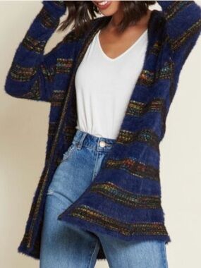 MODCLOTH Color &  Character Eyelash Open Front Striped Cardigan Sweater M